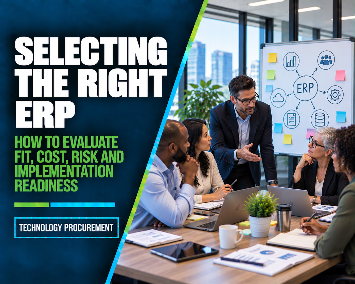 ERP selection article graphic showing CIO and finance leaders evaluating enterprise software and implementation options.