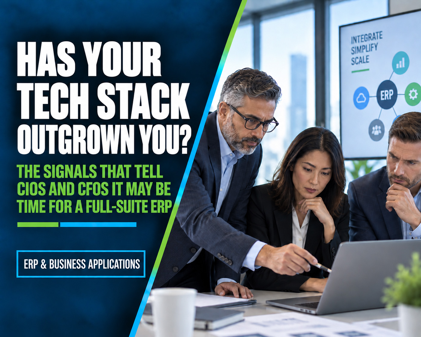 ERP modernization article graphic showing executives evaluating disconnected systems and a full-suite ERP business case.