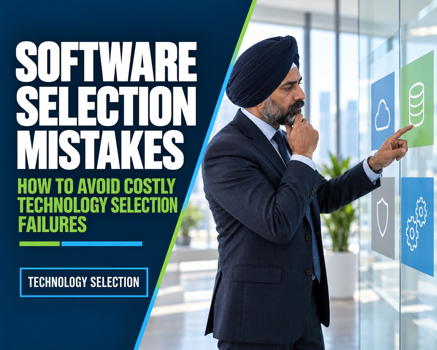 Software selection article graphic showing business and technology executives evaluating software options and decision risks.