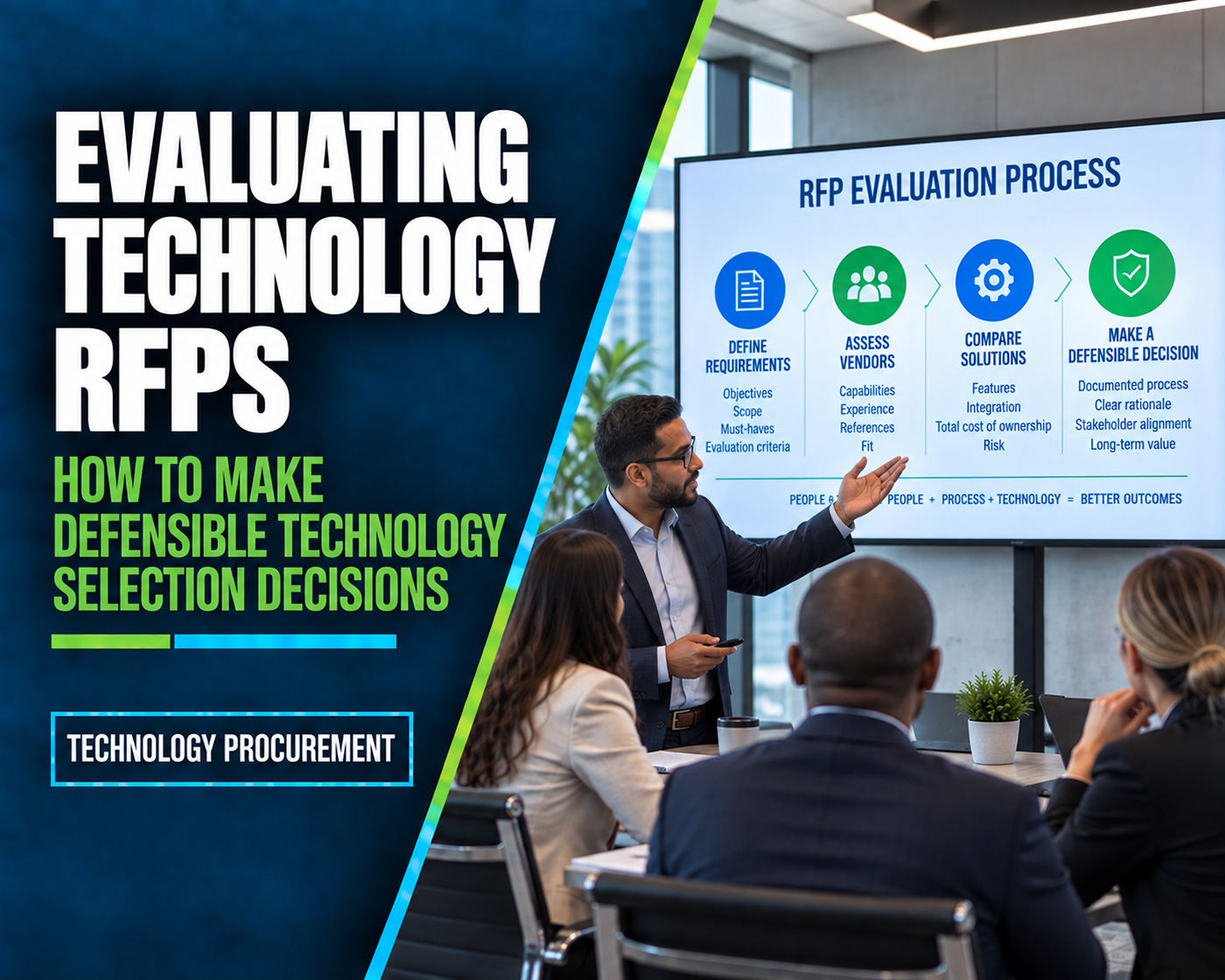 Technology RFP evaluation article graphic showing executives comparing supplier proposals and evaluation criteria.